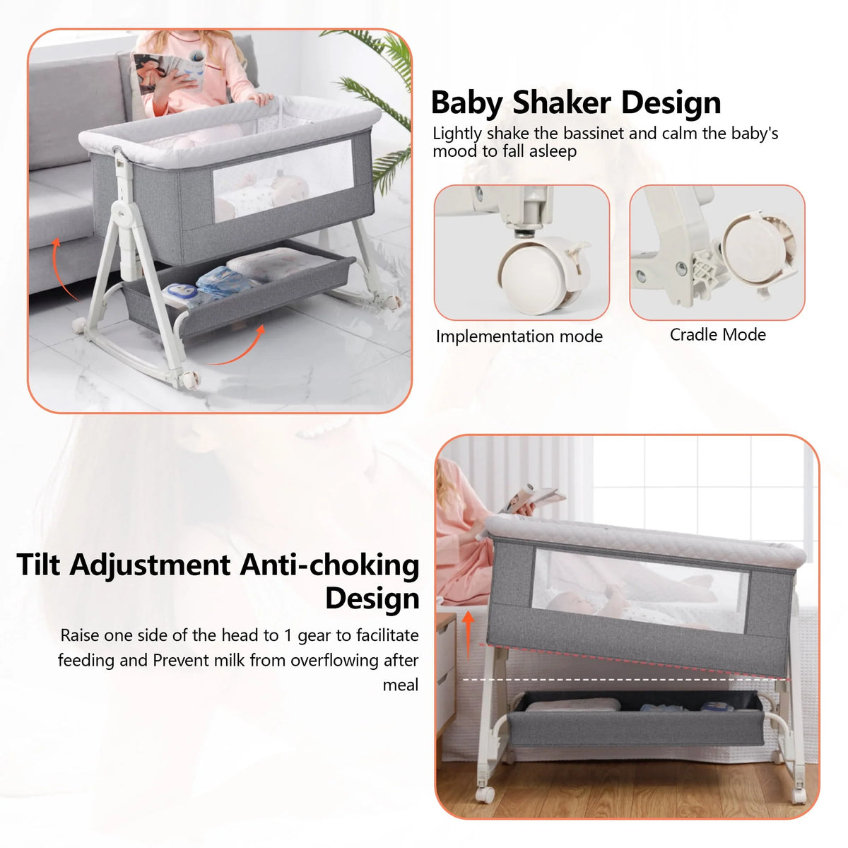 Baby Bassinet, 3 in 1 Bedside Sleeper with Storage Basket, Gray Z288